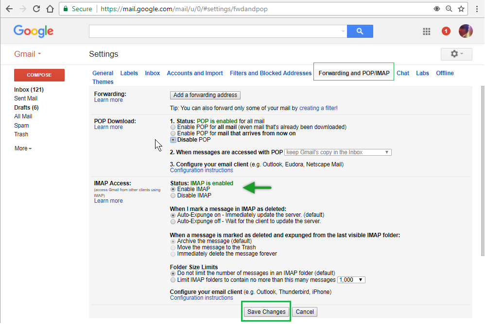 imap account settings for outlook 2016 gmail