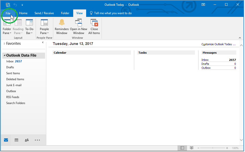 view of Outlook 2016 File tab