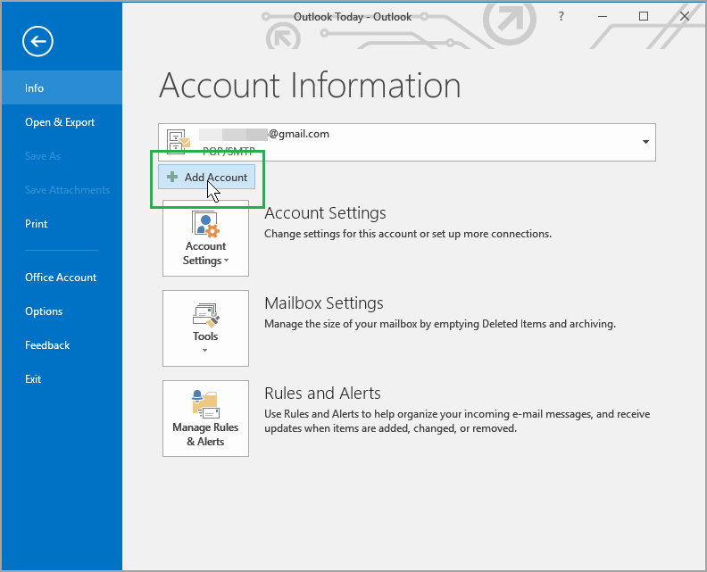 view of Outlook 2016 Add Account button