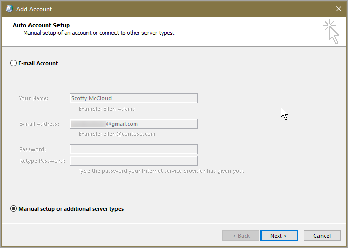 shows Outlook 2016 account types