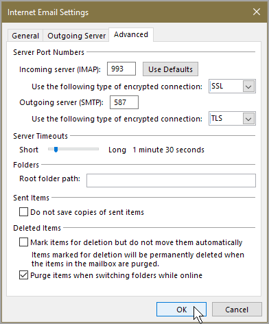 Advanced Settings in Outlook 2016