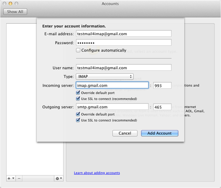 gmail account settings for outlook for mac